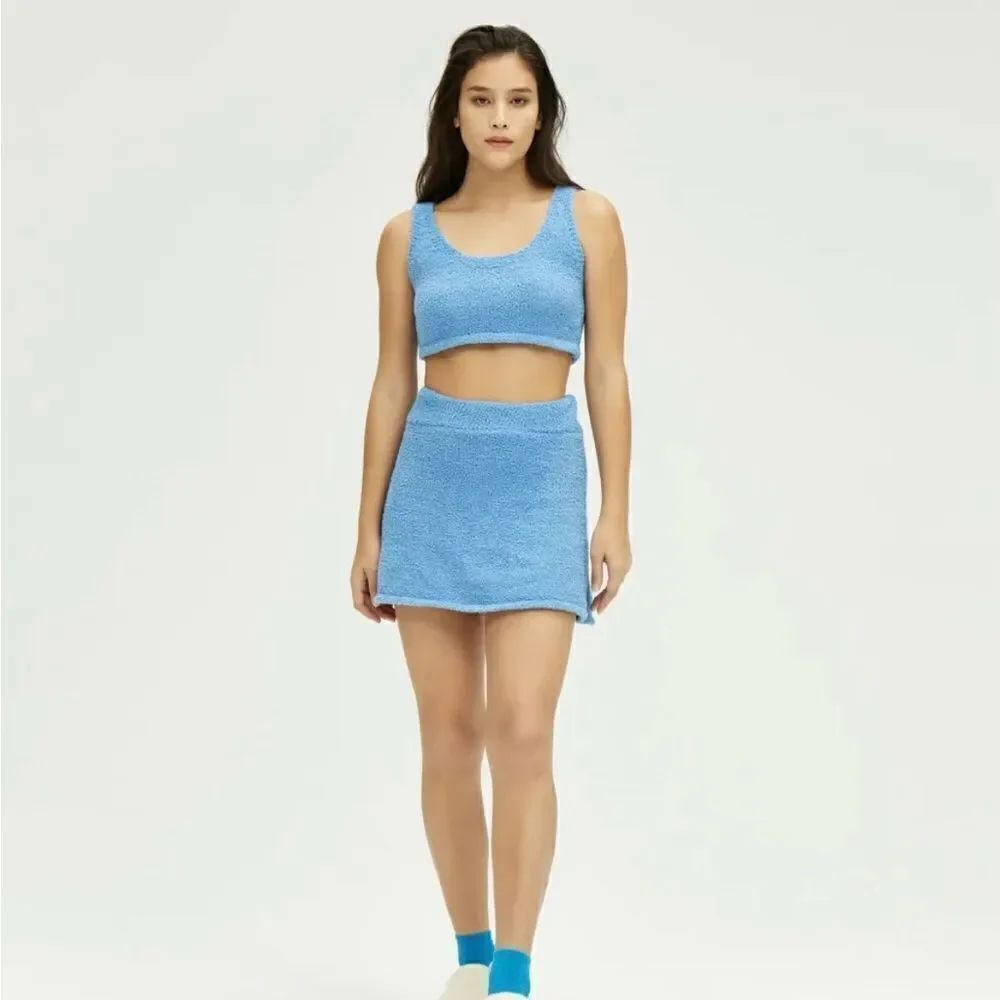 NWT Cider Fuzzy Blue Fleece Knit scoop crop top & mini skirt matching set S/4
